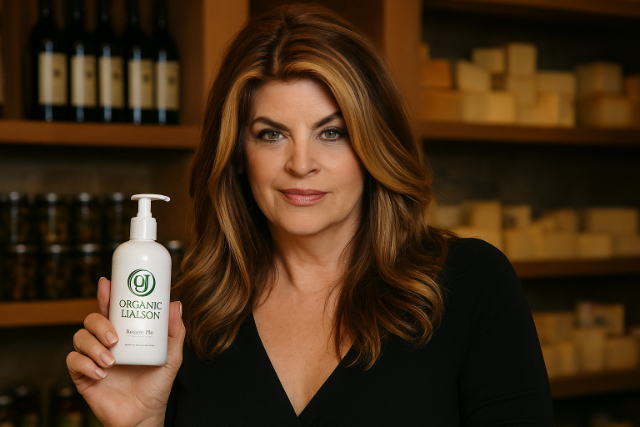Kirstie Alley holding Organic Liaison bottle in store