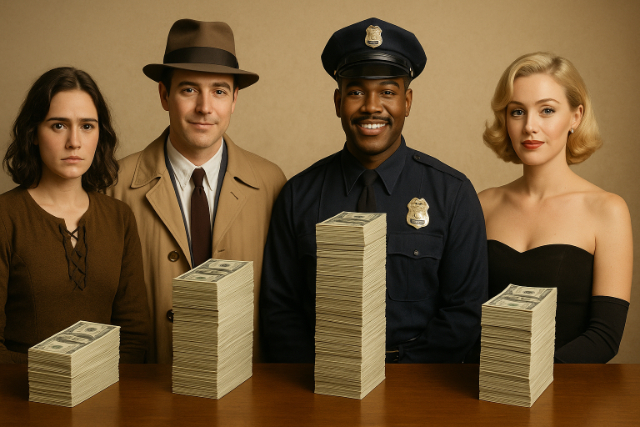 Film actors in costume behind money stacks showing salary differences