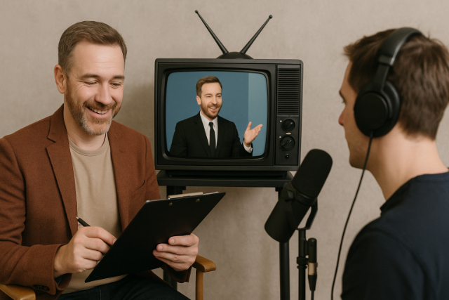Actor on set and voice artist recording in studio