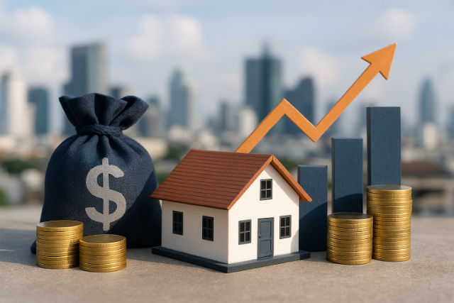 Real estate investment growth with house, coins, and graph.