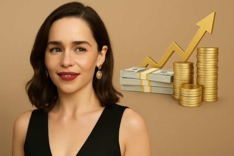 Emilia Clarke Net Worth: Career Earnings, Assets, and Financial Growth Emilia Clarke with financial icons including money stacks and growth arrow in the background.