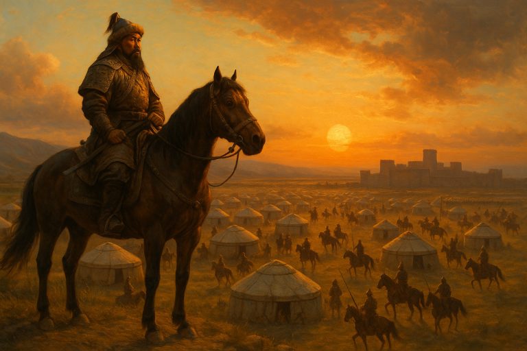 Genghis Khan Net Worth: How Much Was the Mongol Empire Worth? Genghis Khan on horseback overlooking a Mongol camp at sunset