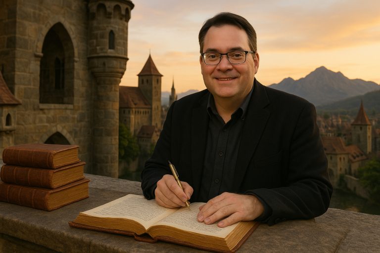 Fantasy author writing on a castle balcony at sunset with books and mountains in view.