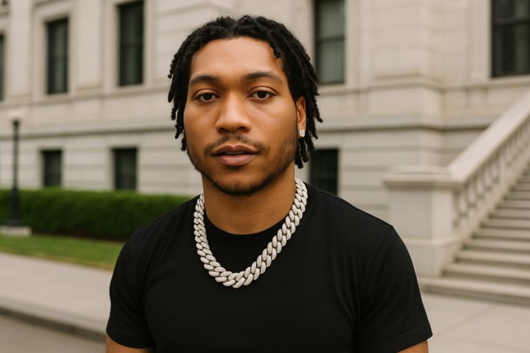Lil Meech Net Worth: How Rich Is the BMF Star Today? Lil Meech standing confidently outside a white stone building, showcasing wealth and success.