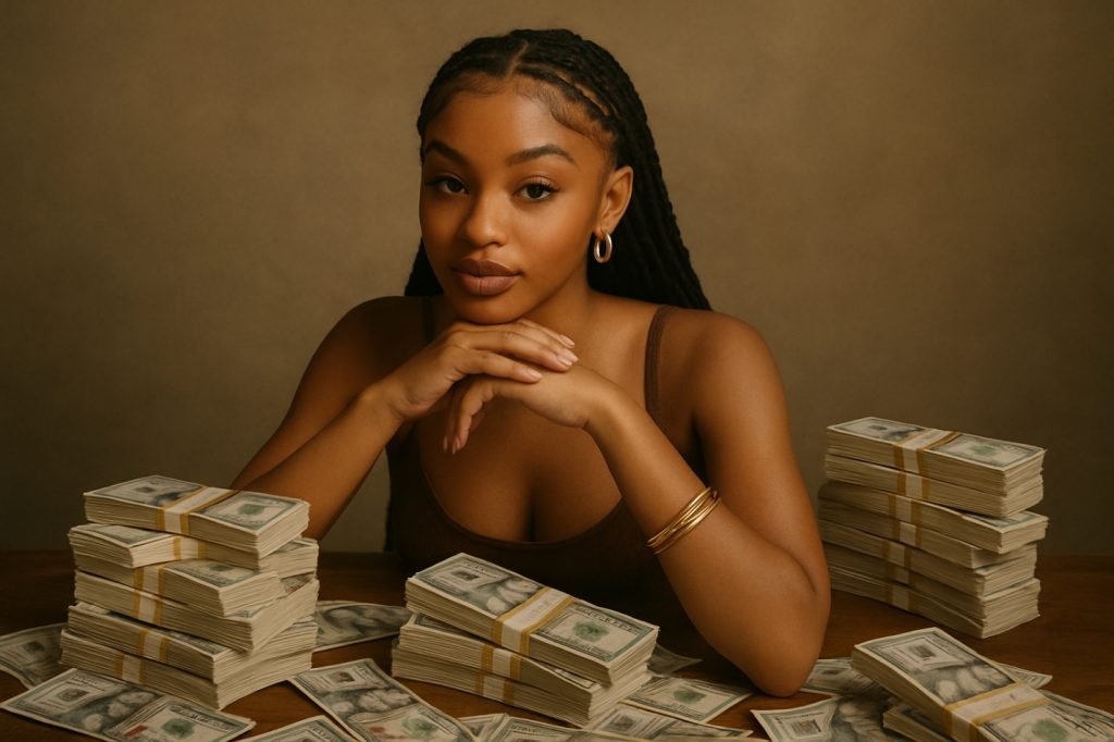 Tyla Net Worth: How Much the ‘Water’ Singer Really Earns in 2025 Tyla sitting behind piles of cash, representing her net worth in 2025.