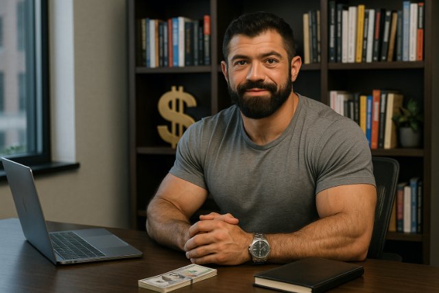 Man resembling Alex Hormozi in office setting with money and laptop