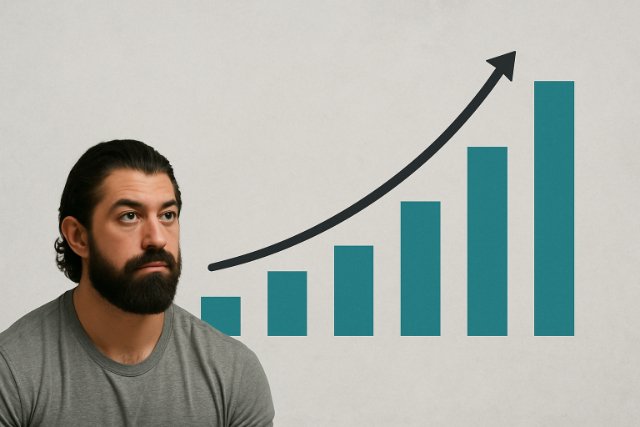 Alex Hormozi with upward financial growth chart.