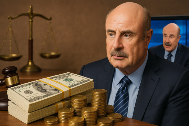 Dr. Phil with cash, coins, and legal symbols in background.