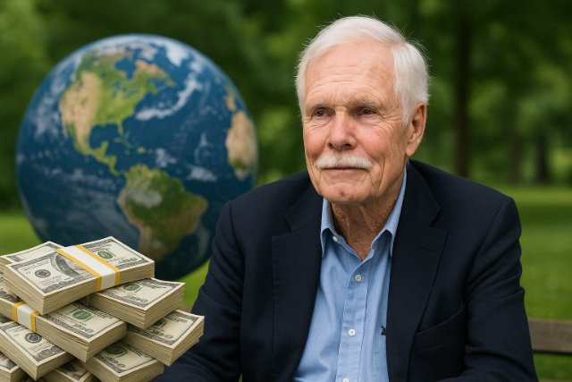 Ted Turner with money stacks and globe in background representing philanthropy.