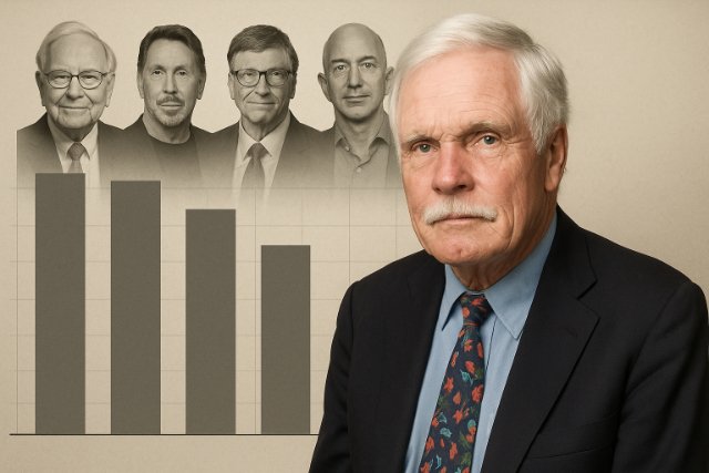 Ted Turner in front of wealth chart comparing him to other billionaires.