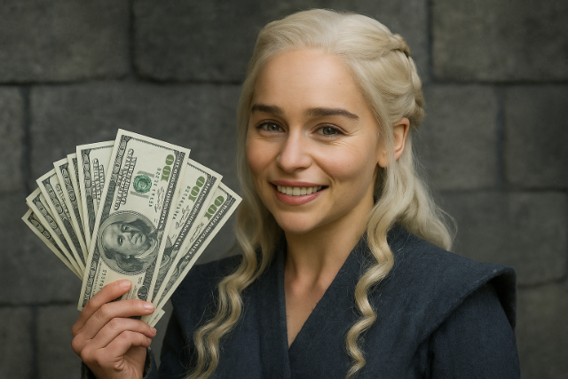 Emilia Clarke-style woman holding money with a smile.