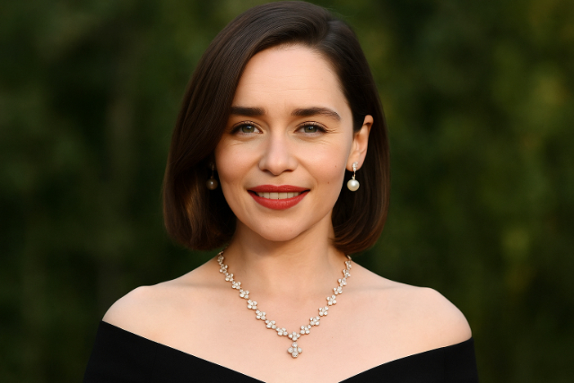 Emilia Clarke smiling in an elegant black dress with pearl jewelry.