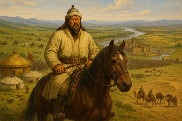 Genghis Khan on horseback surveying his empire of armies, cities, and trade routes.