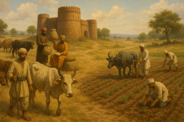 Farmers, livestock, and tribute collectors near a fort in a historical rural landscape