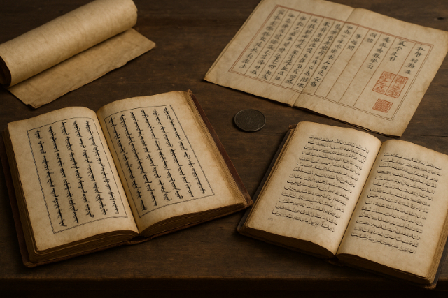 Ancient Mongol, Chinese, and Persian manuscripts on wooden table