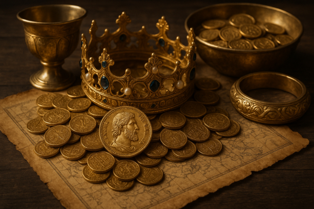 Ancient gold coins and crown on a parchment map representing ruler’s wealth estimation.