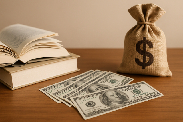 Books with dollar bills and a money bag representing royalties.