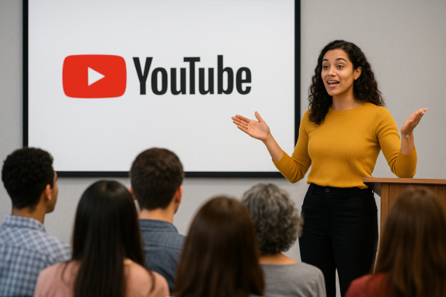 Woman teaching in front of an audience with YouTube logo on screen.