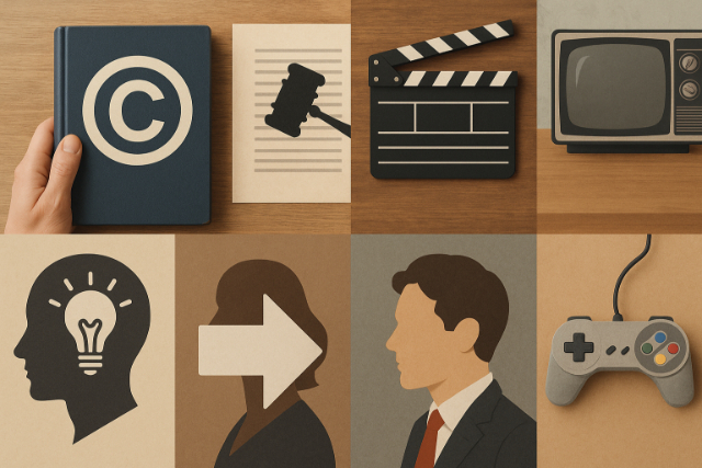 Icons representing licensing, copyright, and media adaptations in a modern layout.