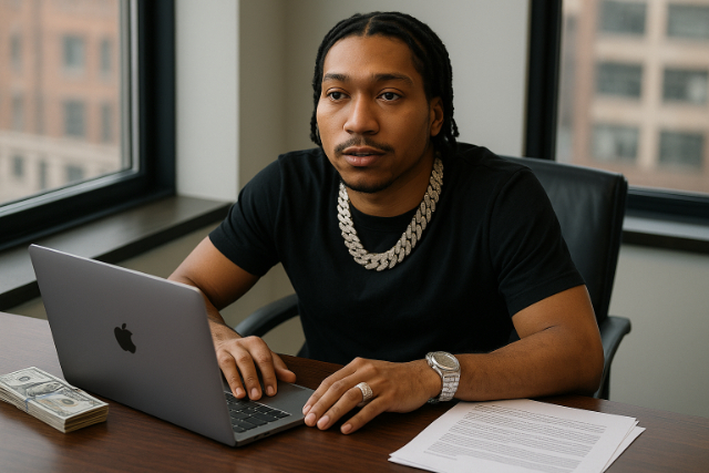 Lil Meech at desk with money, laptop, and paperwork.