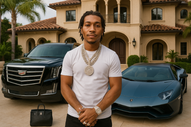 Lil Meech in front of luxury cars and mansion