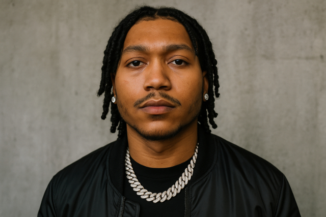 Lil Meech posing confidently in a black jacket and diamond chain.