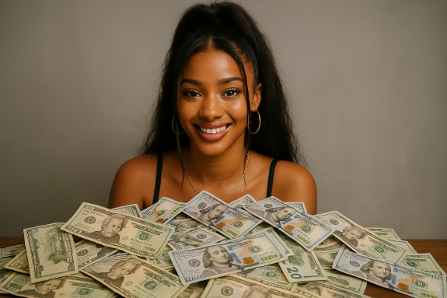 Tyla behind a pile of cash, representing music career earnings.