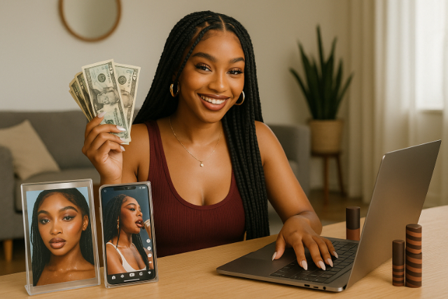 Woman holding money and working on laptop with makeup products, symbolizing Tyla's income streams.
