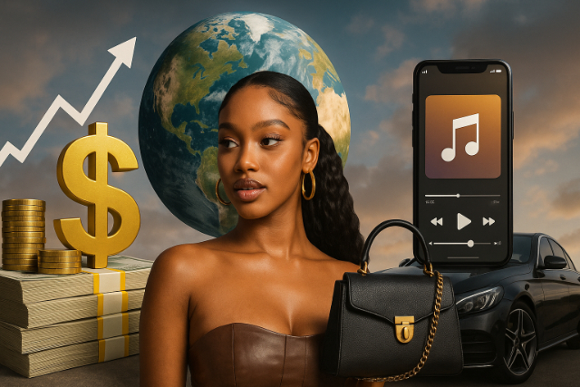 Tyla-inspired concept image with wealth, music, and global success symbols.