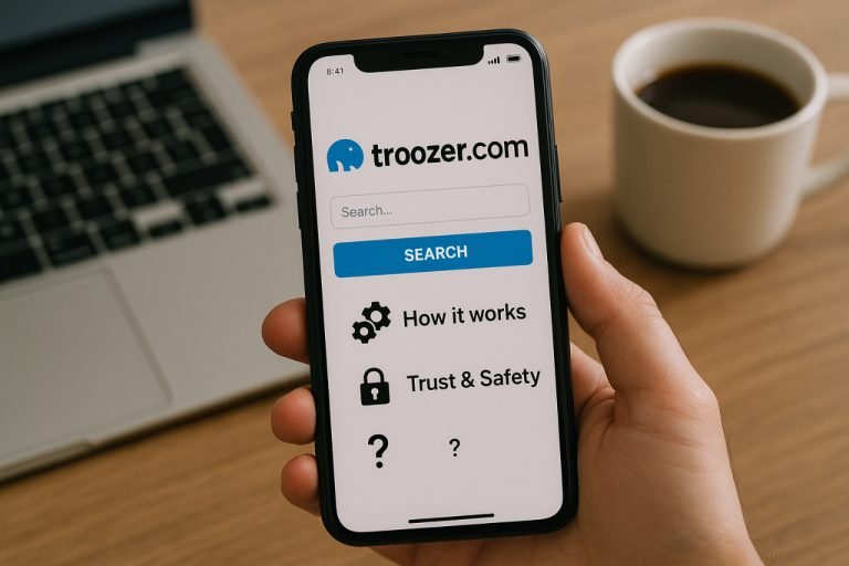 troozer com: What It Is, How It Works, and Whether You Can Trust It Person browsing Troozer.com on smartphone with laptop and coffee in background.