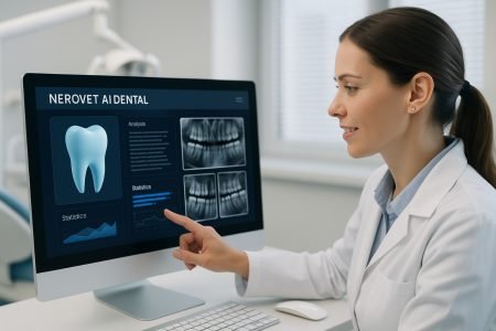 Dentist using Nerovet AI Dental platform in a clinic