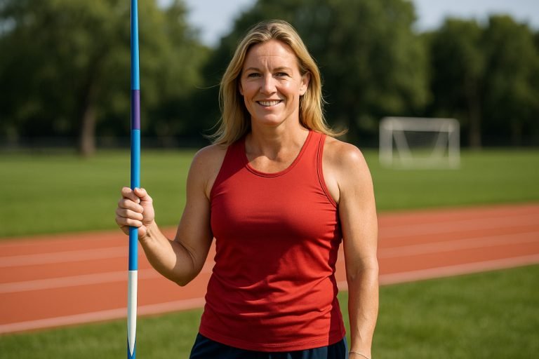 Denika Kisty: Her Journey On and Off the Field Athletic woman holding a javelin on a sunny track field.