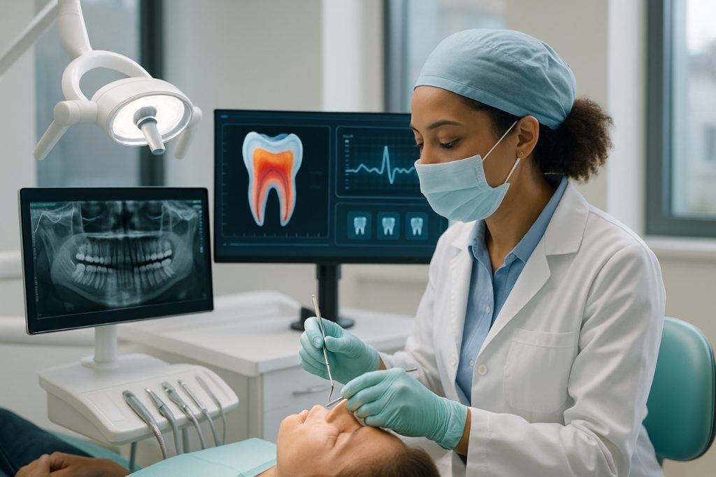 Nerovet AI Dentistry and the Future of Smart Dental Care AI-powered dentist examining patient in modern dental clinic.