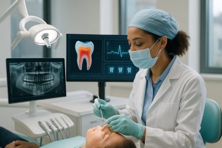 AI-powered dentist examining patient in modern dental clinic.