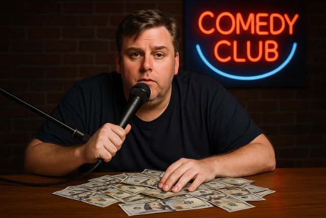 Tim Dillon-style comedian with mic and money in a comedy club setting.
