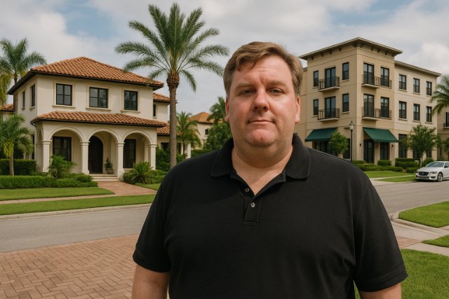Tim Dillon in front of residential and commercial buildings.