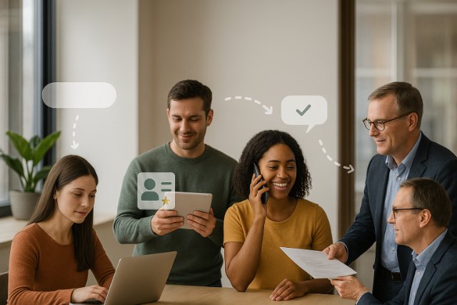 Realistic office scene showing users interacting on the Troozer Com platform
