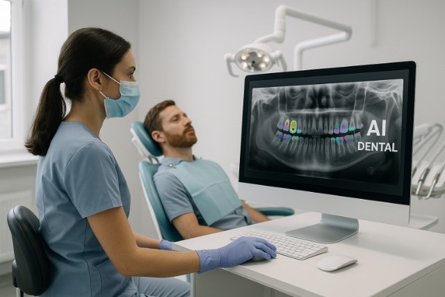 Dentist using AI dental software to examine patient’s X-ray in a modern clinic.