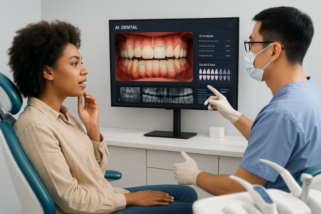 Dentist and patient reviewing AI dental scan results on monitor.