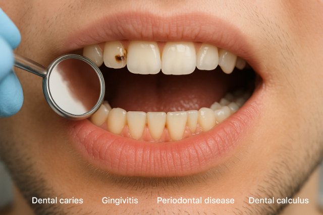 Dentist examining teeth showing early dental issues like cavities and gum inflammation.