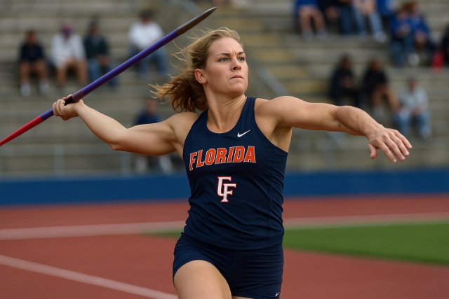 Female javelin thrower in Florida Gators uniform mid-throw