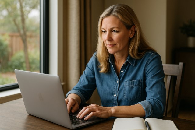 Denika Kisty working on a laptop at home.