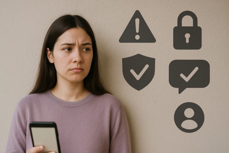 Social Media Girls Forum Safety Guide Young woman holding phone with safety icons on wall