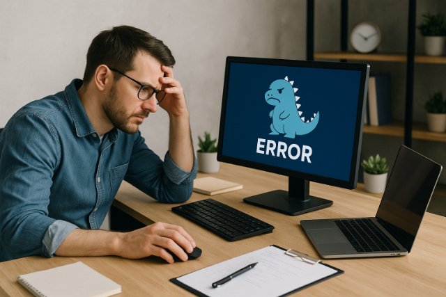 Man troubleshooting Susbluezilla error on computer screen.