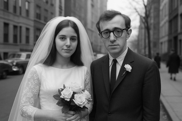 Vintage wedding photo of Harlene Rosen and Woody Allen lookalikes