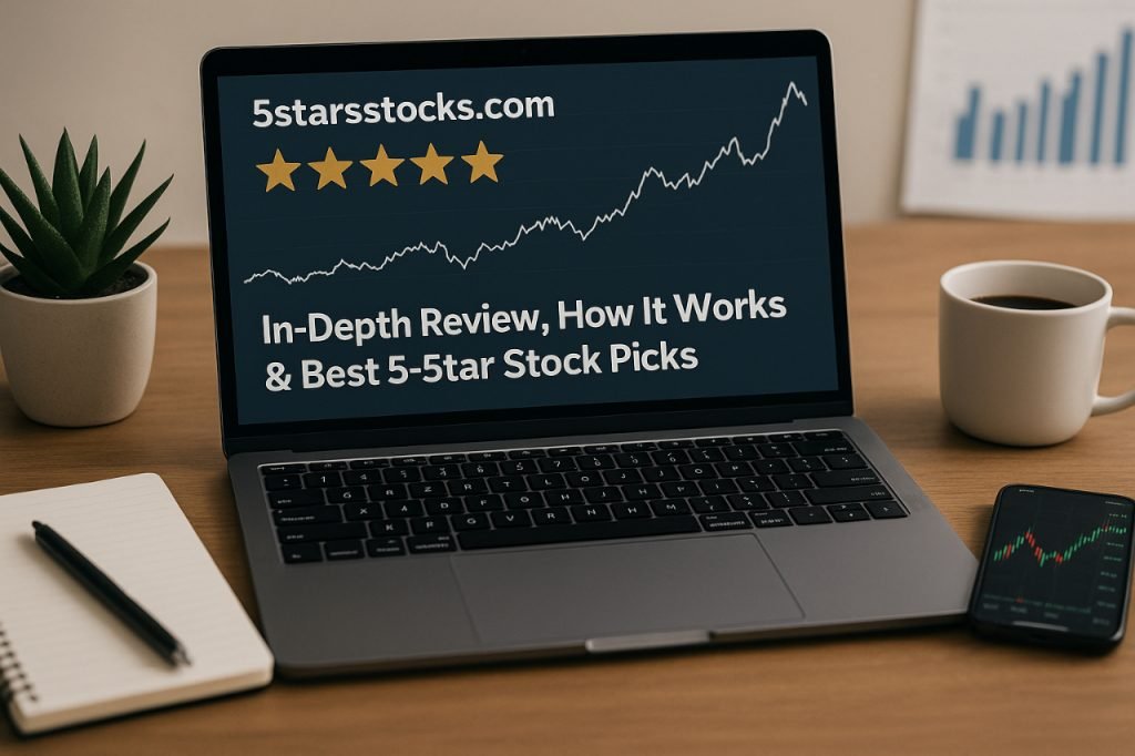 5stars stocks.com: In-Depth Review, How It Works Laptop on desk showing 5-star stock platform with charts and investing tools.