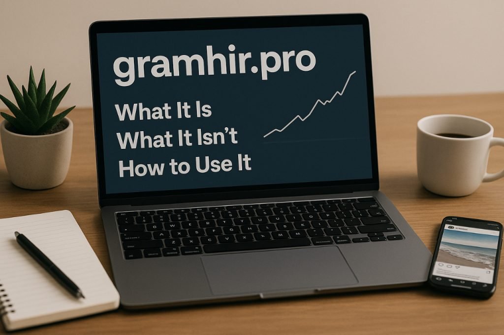 gramhir.pro: What It Is, What It Isn’t & How to Use It (2025 Guide) Laptop and smartphone showing social media analytics tools on wooden desk.