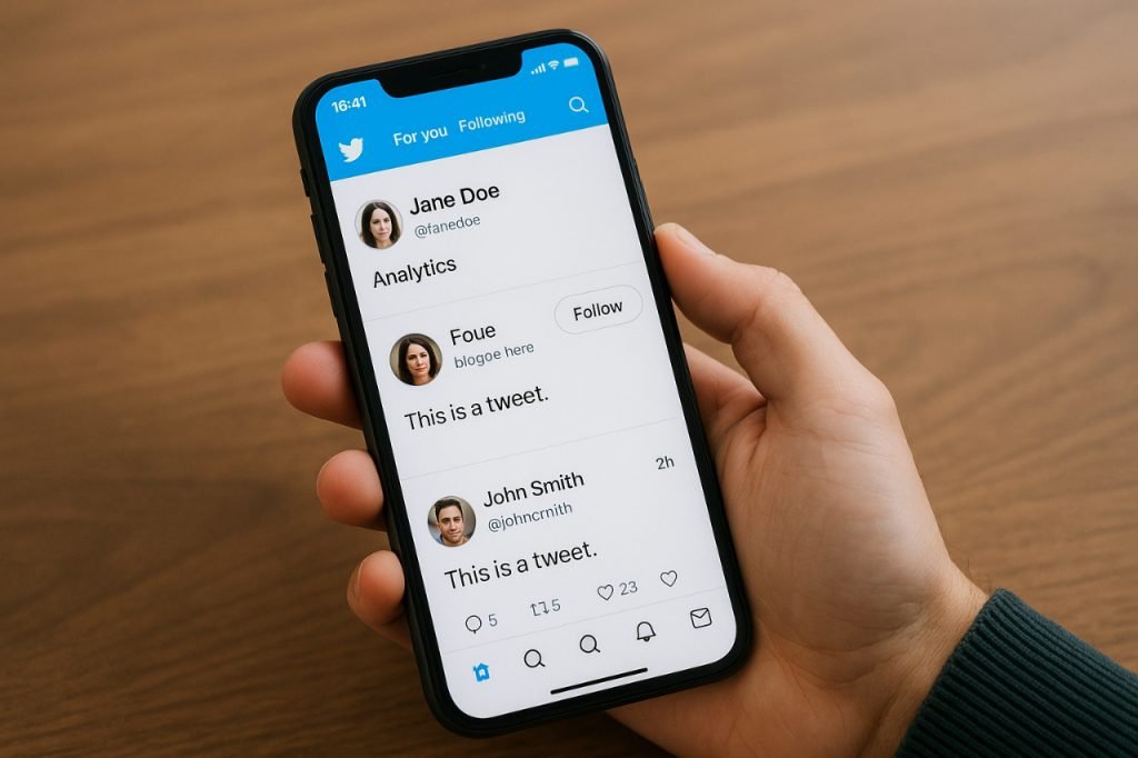 Twitter Viewer: How to See Tweets, Profiles & Analytics Smartphone showing Twitter tweets and profiles in a person’s hand