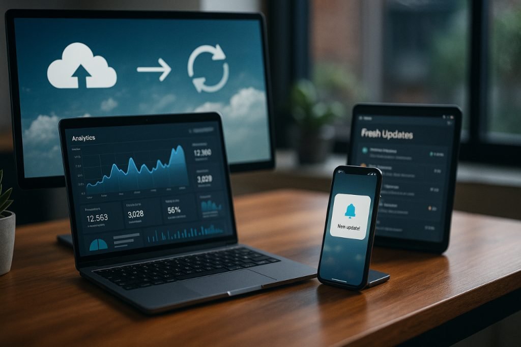 Real-time content update system with digital dashboard and cloud sync.