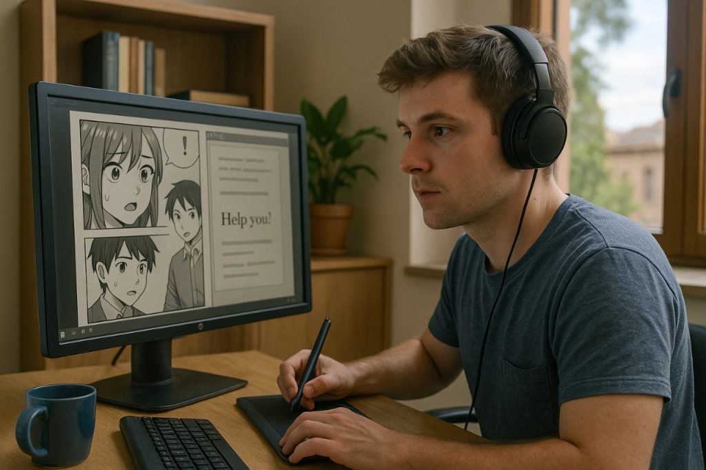 Olympus Scanlation: Fan Translations Explained Man translating manga on a computer screen in a cozy room
